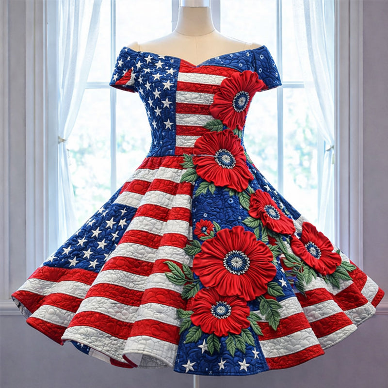 US 250th Anniversary Floral Art Print Casual Dress