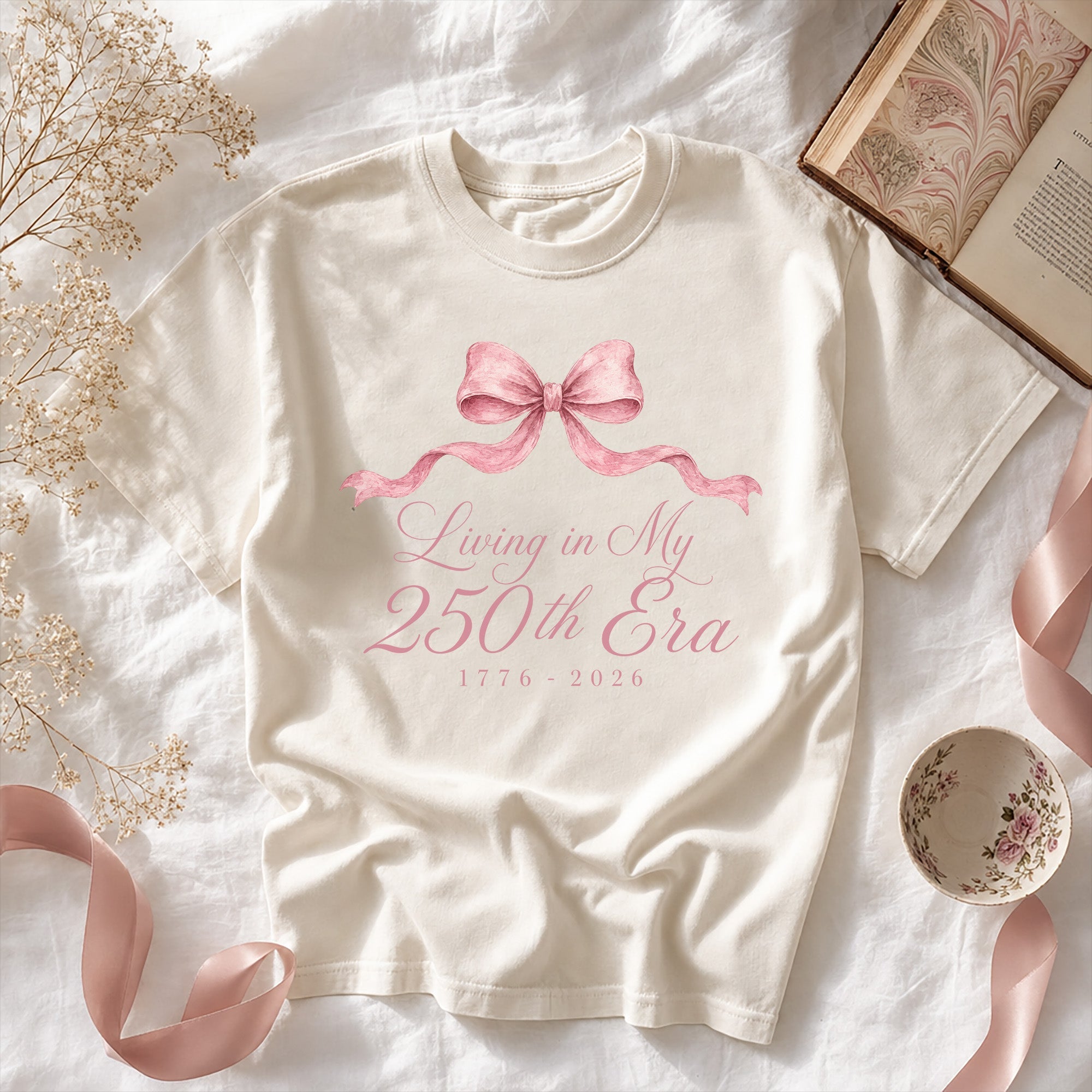 Living in my 250th ERA Pink Bow, America Semiquincentennial Comfort Colors Shirt
