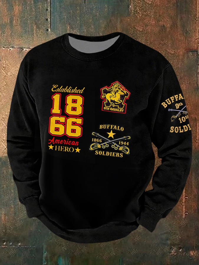 Men's Autumn and Winter Buffalo Soldier Black History Print Casual Crew Neck Sweatshirt