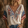 Women's America Floral Print Casual V-Neck 3/4 Sleeve
