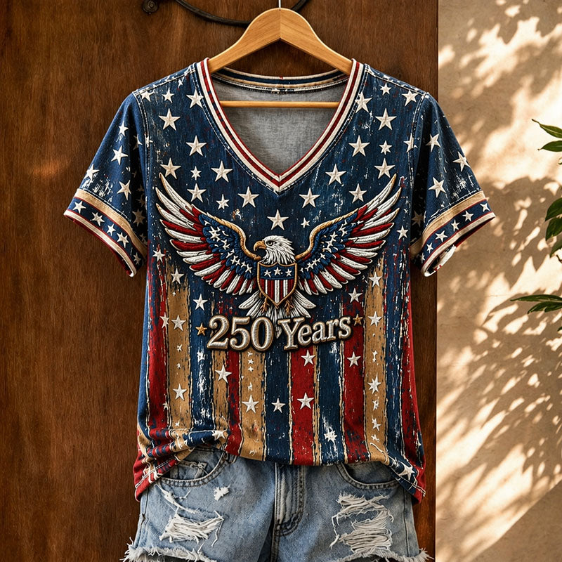 Women's USA 250th Anniversary Eagle & Stars Stripes Print V-neck T-Shirt
