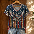 Women's USA 250th Anniversary Eagle & Stars Stripes Print V-neck T-Shirt
