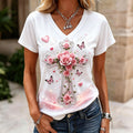 Women's Pink Rose Cross Butterfly Print V-Neck T-Shirt