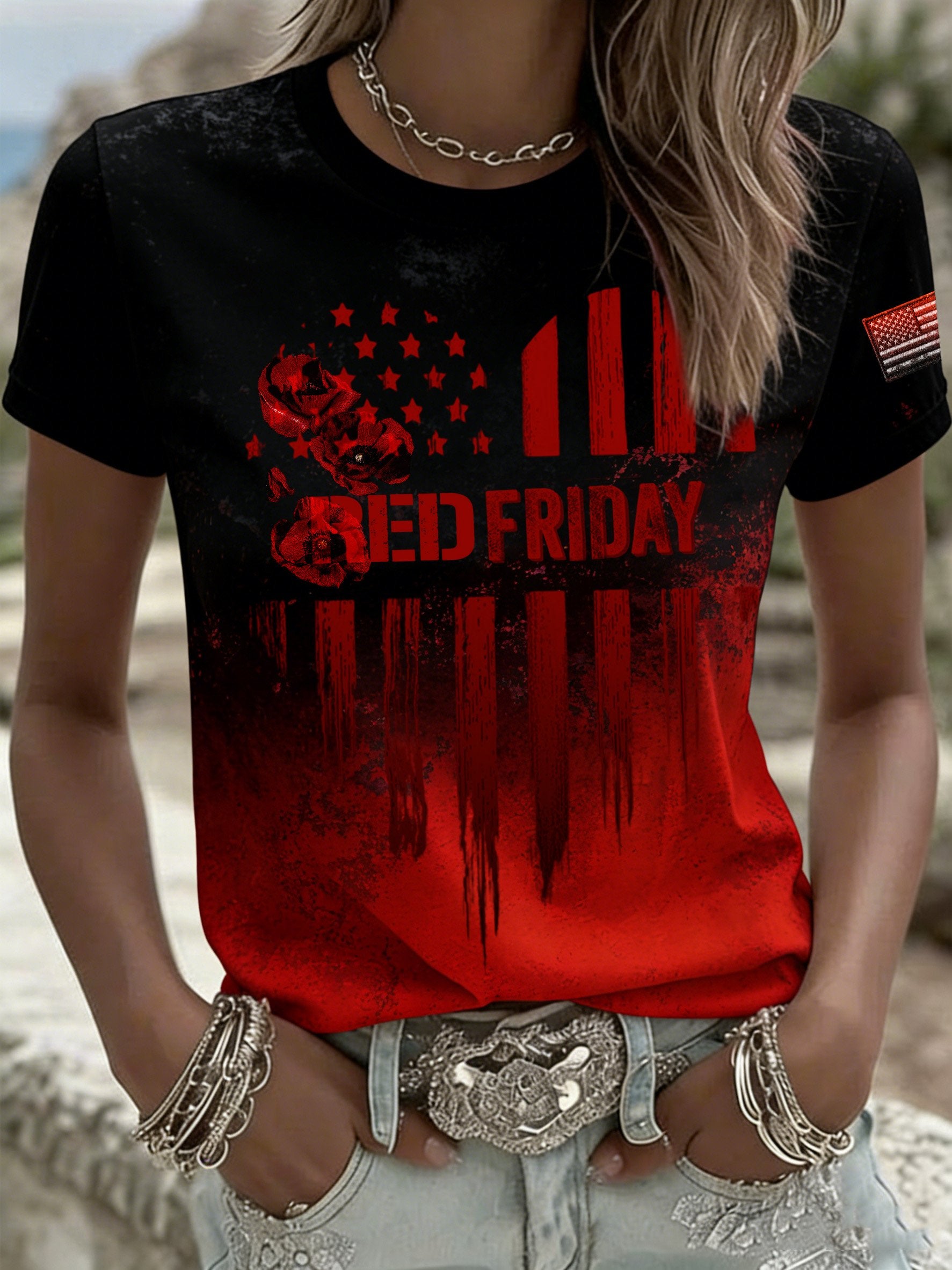 Women's Red Friday Print Casual Crew Neck Top