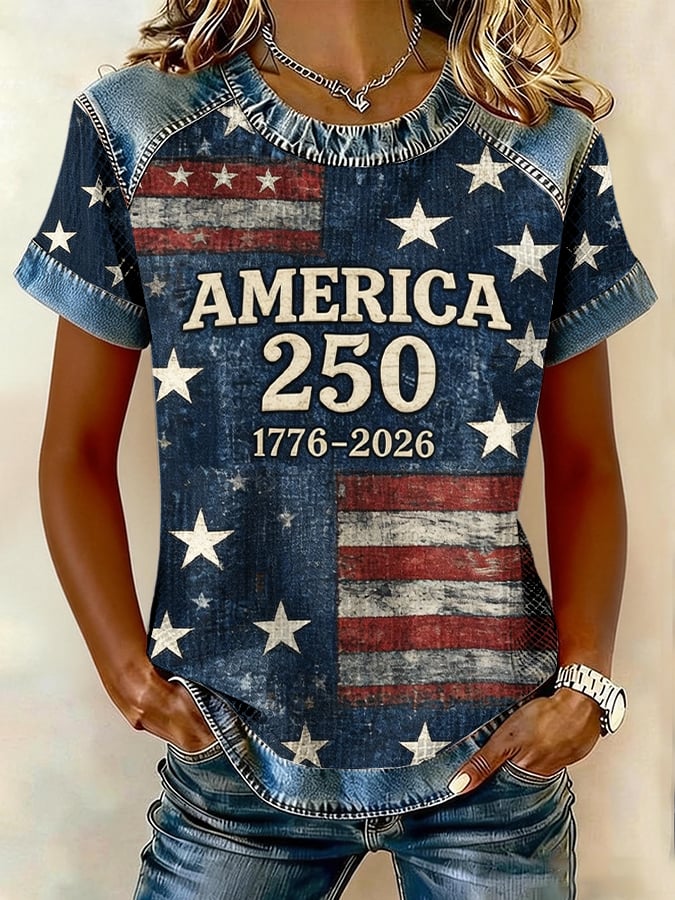 Women's American 250 Patriotic Print Retro Short-Sleeve T-Shirt