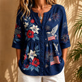 Women’s Patriotic Floral Fireworks Eagle & American Flag Print Half Sleeve Button Front Loose Blouse