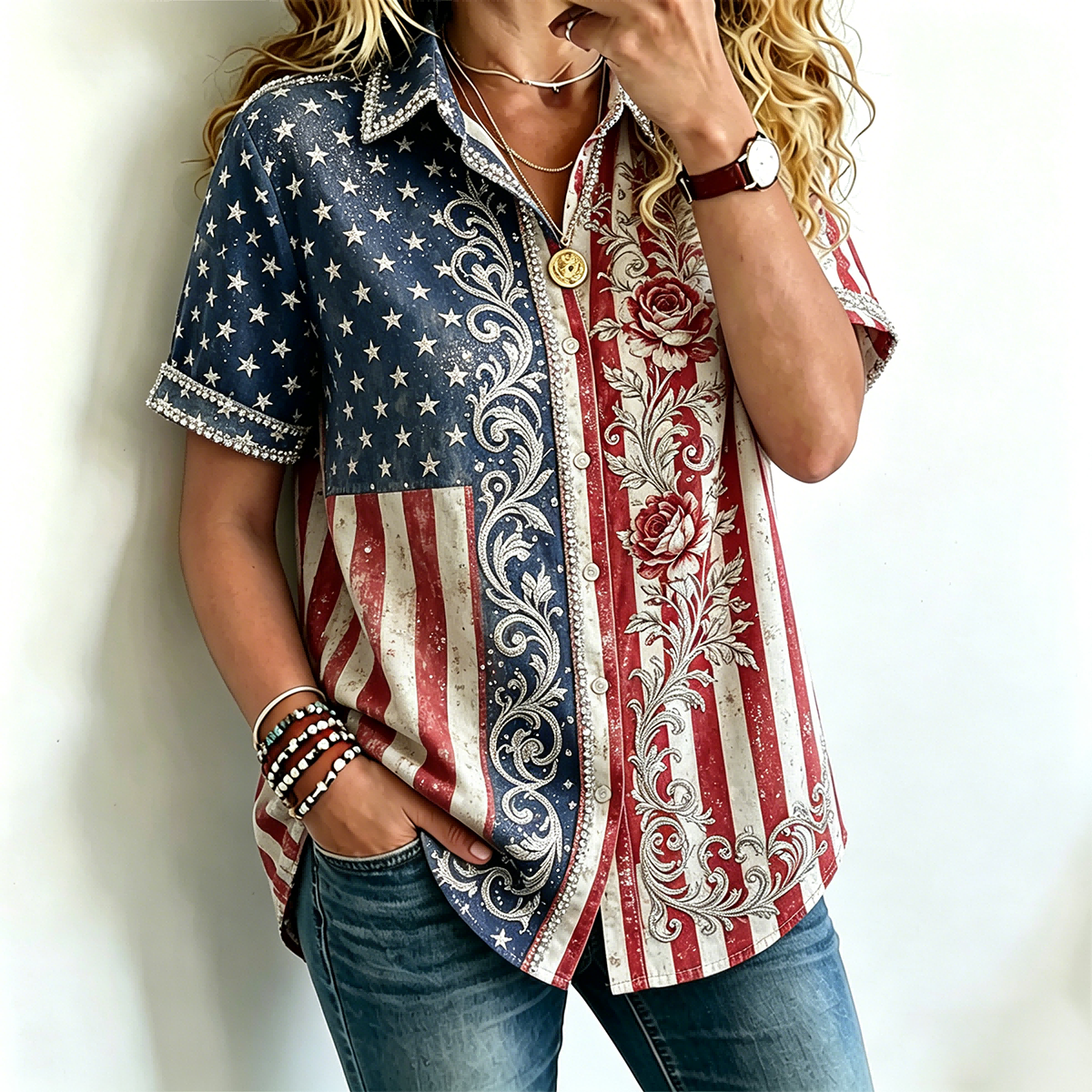 Women's American Founding 250th Anniversary Art Print Short-Sleeved Shirt