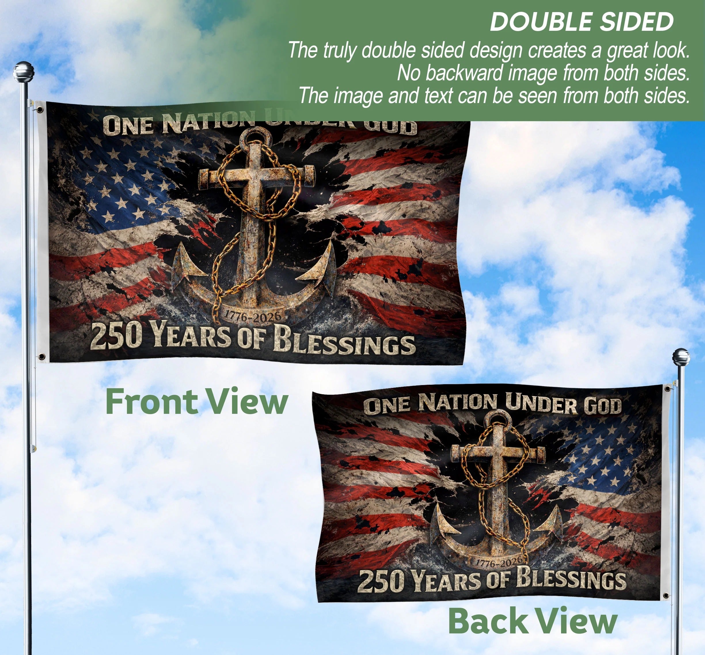 250 Years of Blessings Christian Flag 1776¨C2026 ¨C Anchor Cross & Chain