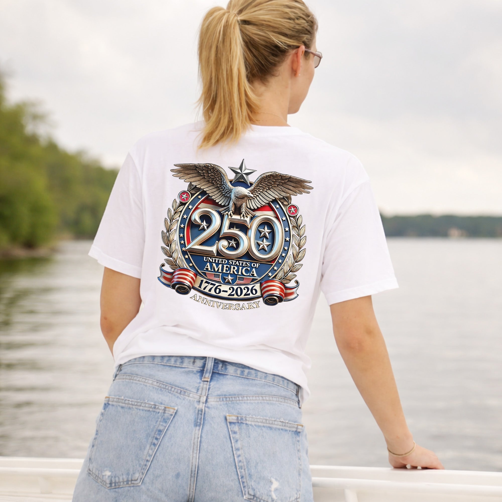[Two Side] American Flag Freedom Shirt – USA 250th Anniversary Eagle Back Design, Unisex Patriotic Tee