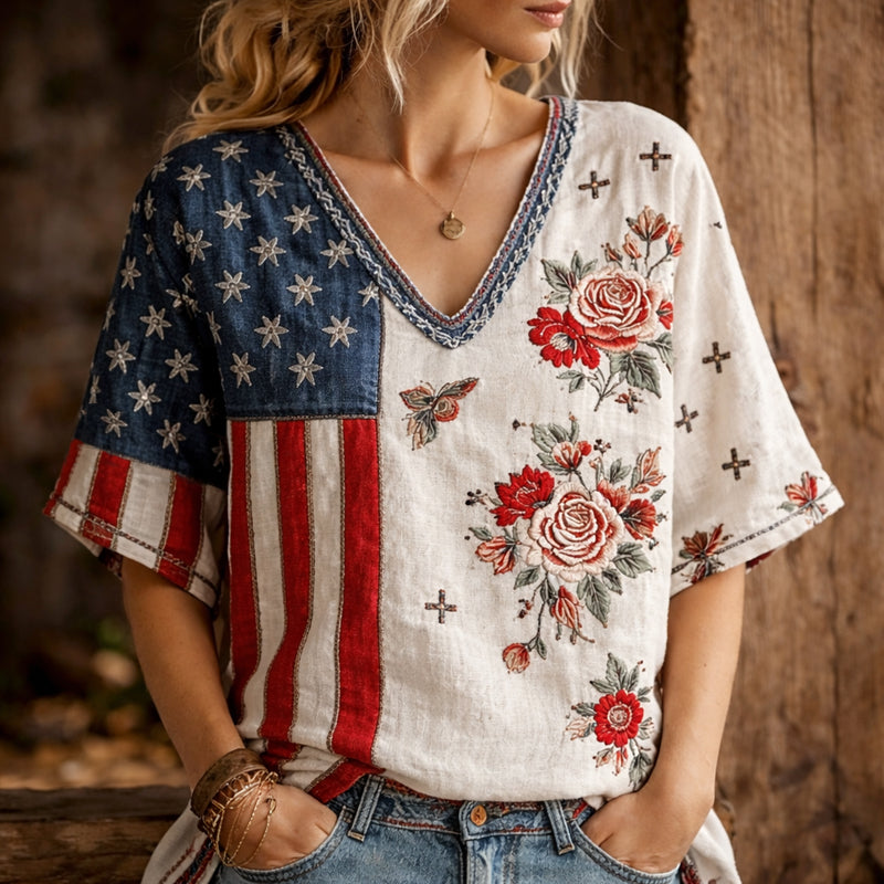 Women's 250th Anniversary Floral Art Print Casual Top