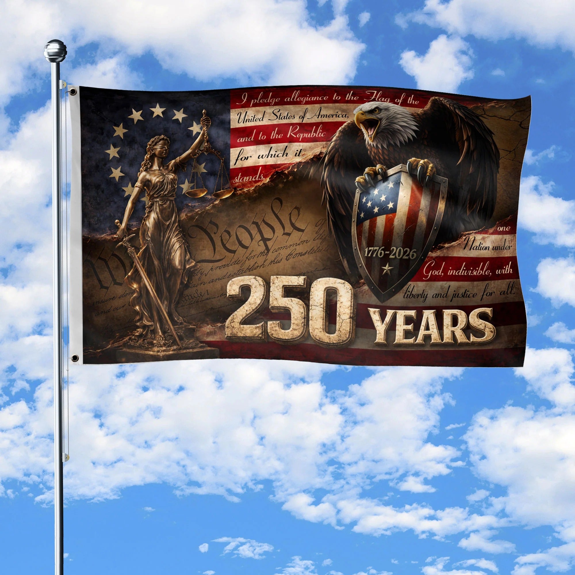 Lady Justice House Flag 1776-2026 We The People 250 Years of Freedom