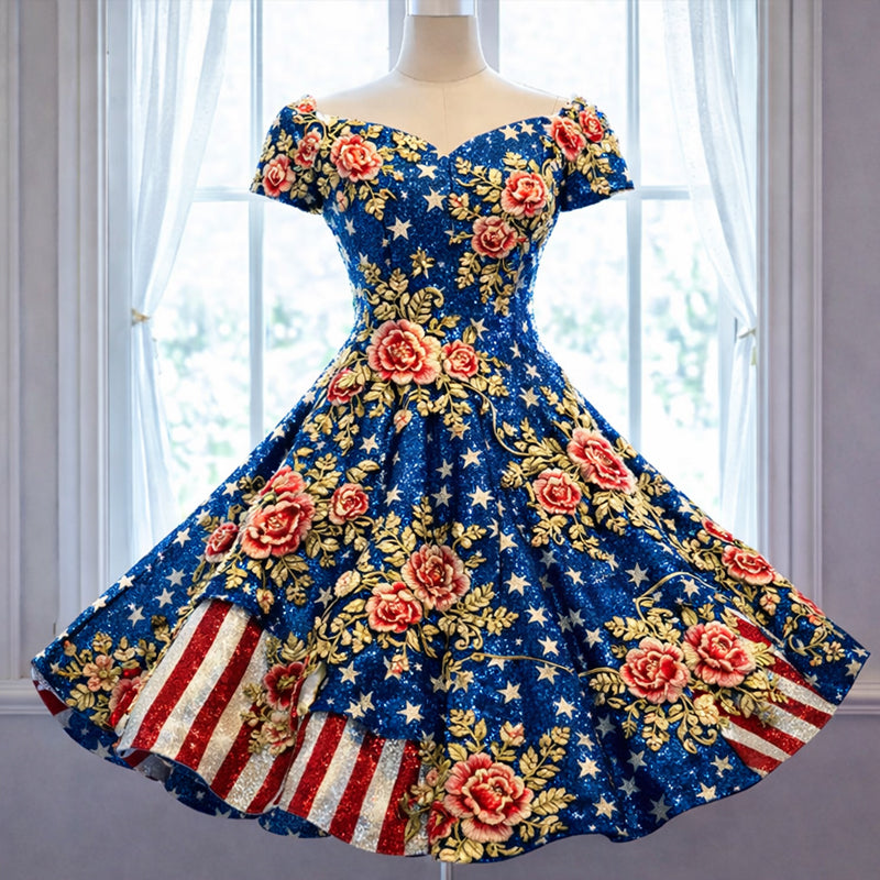 US 250th Anniversary Floral Art Print Casual Dress