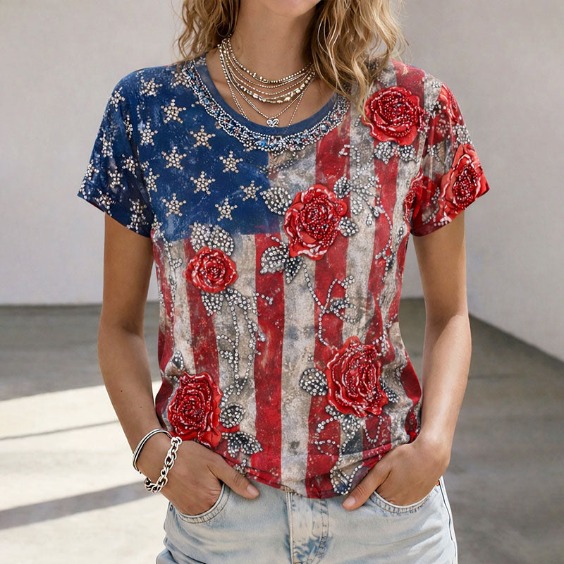 Women's Vintage American Flag Rose Printed Casual T-Shirt