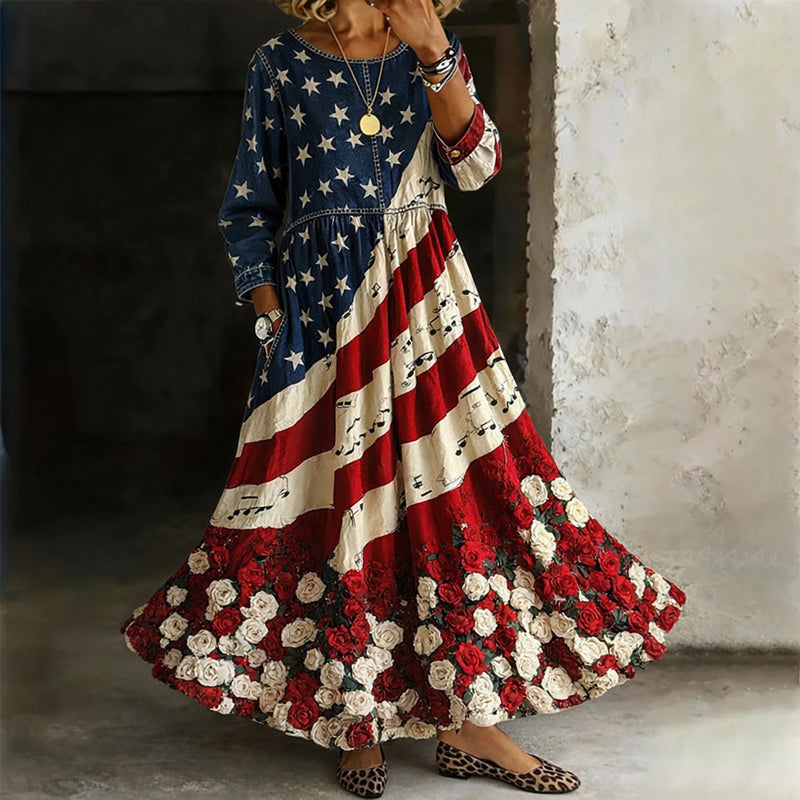 US 250th Anniversary Floral Art Print Casual Dress