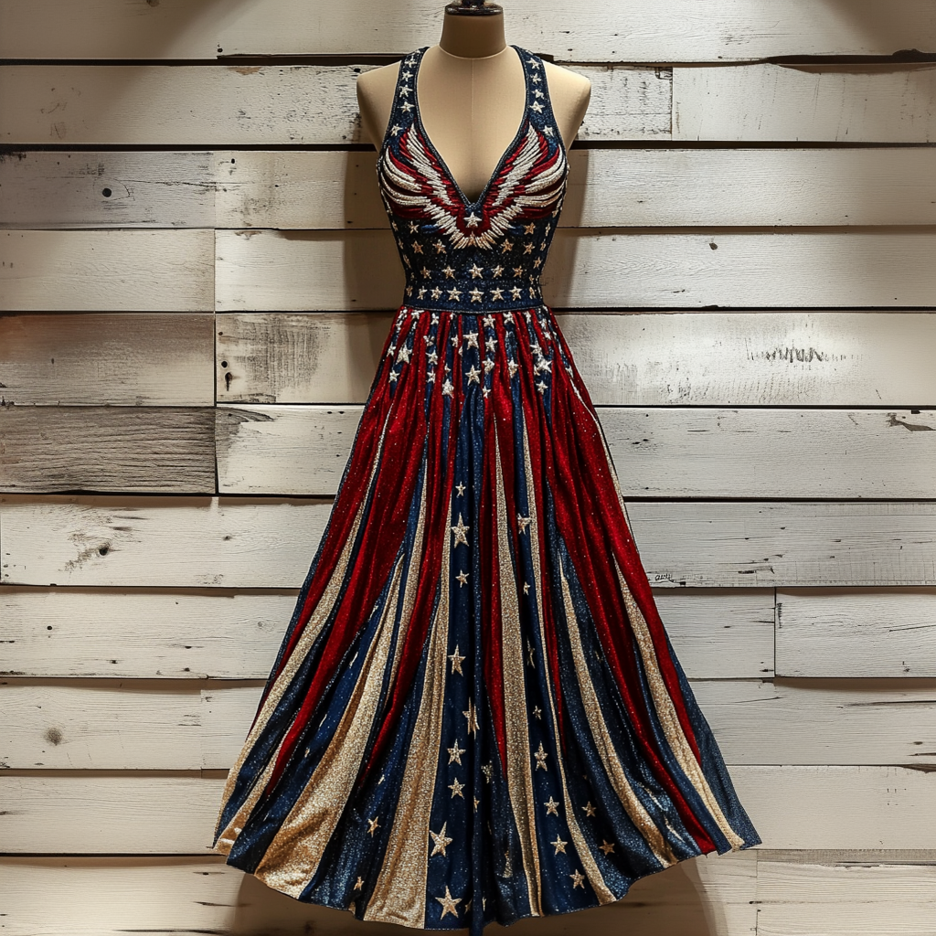 Women's Independence Day Inspired Glitter Art Maxi Dress