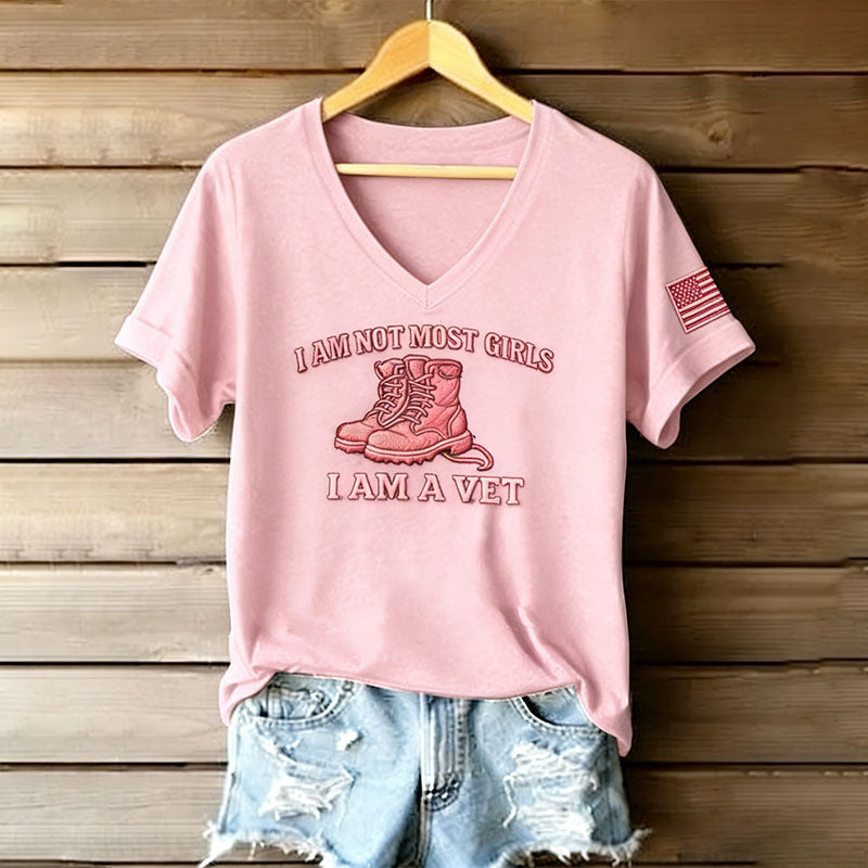 Women's "I Am Not Most Girls, I Am A Vet" Letter Print Pink V-neck T-Shirt
