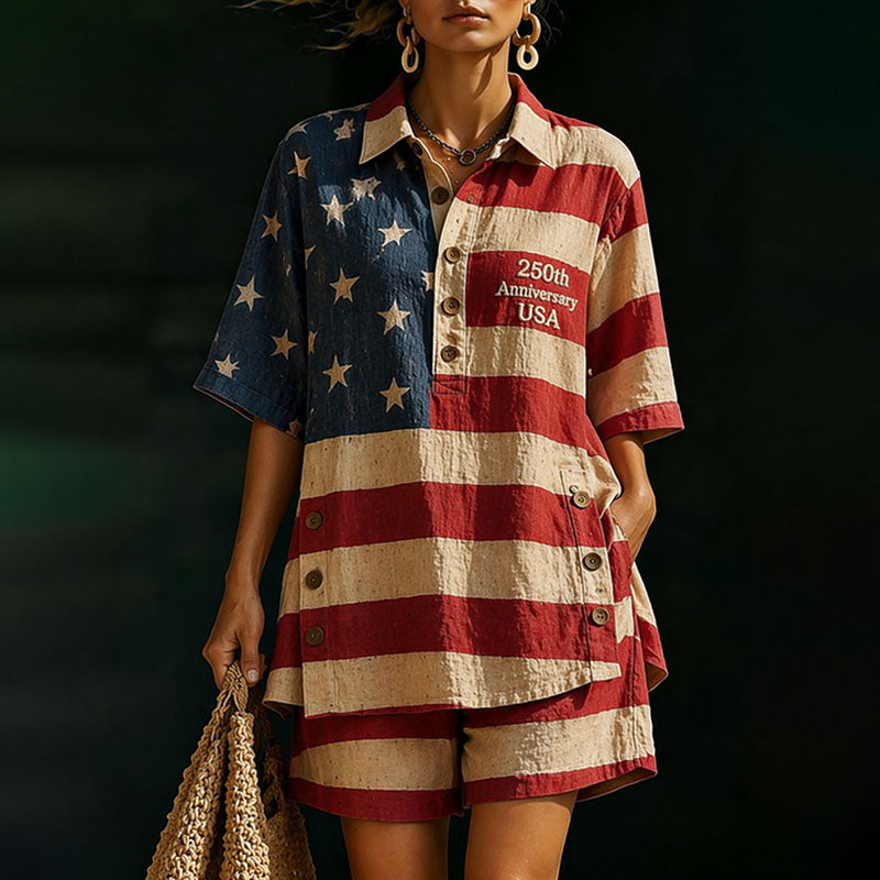Women’s 250th Anniversary American Flag Print Shirt and Shorts Set