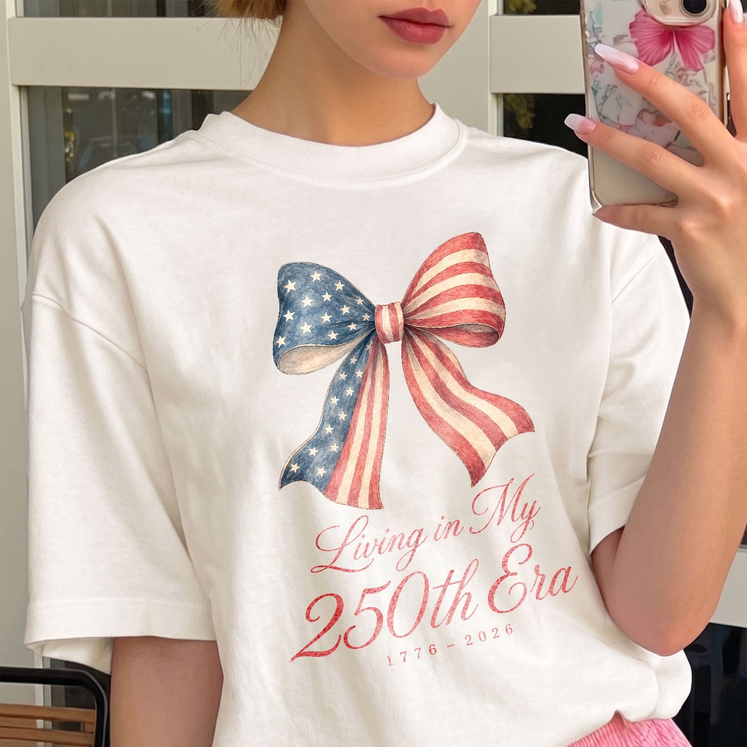 Living in my 250th ERA Coquette Bow, America Semiquincentennial Comfort Colors Shirt