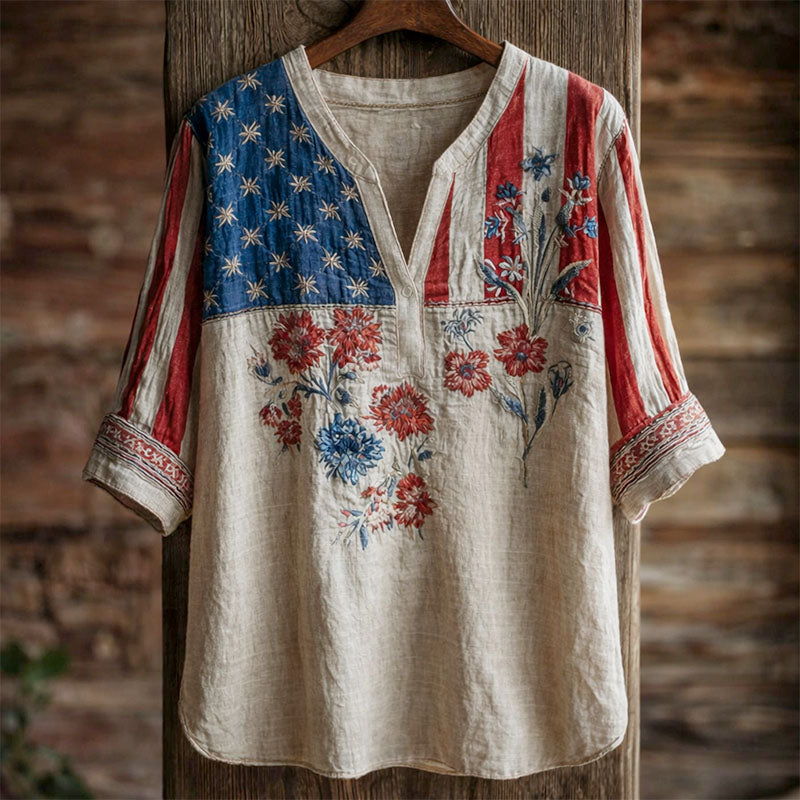 Women's America Floral Print Casual V-Neck 3/4 Sleeve