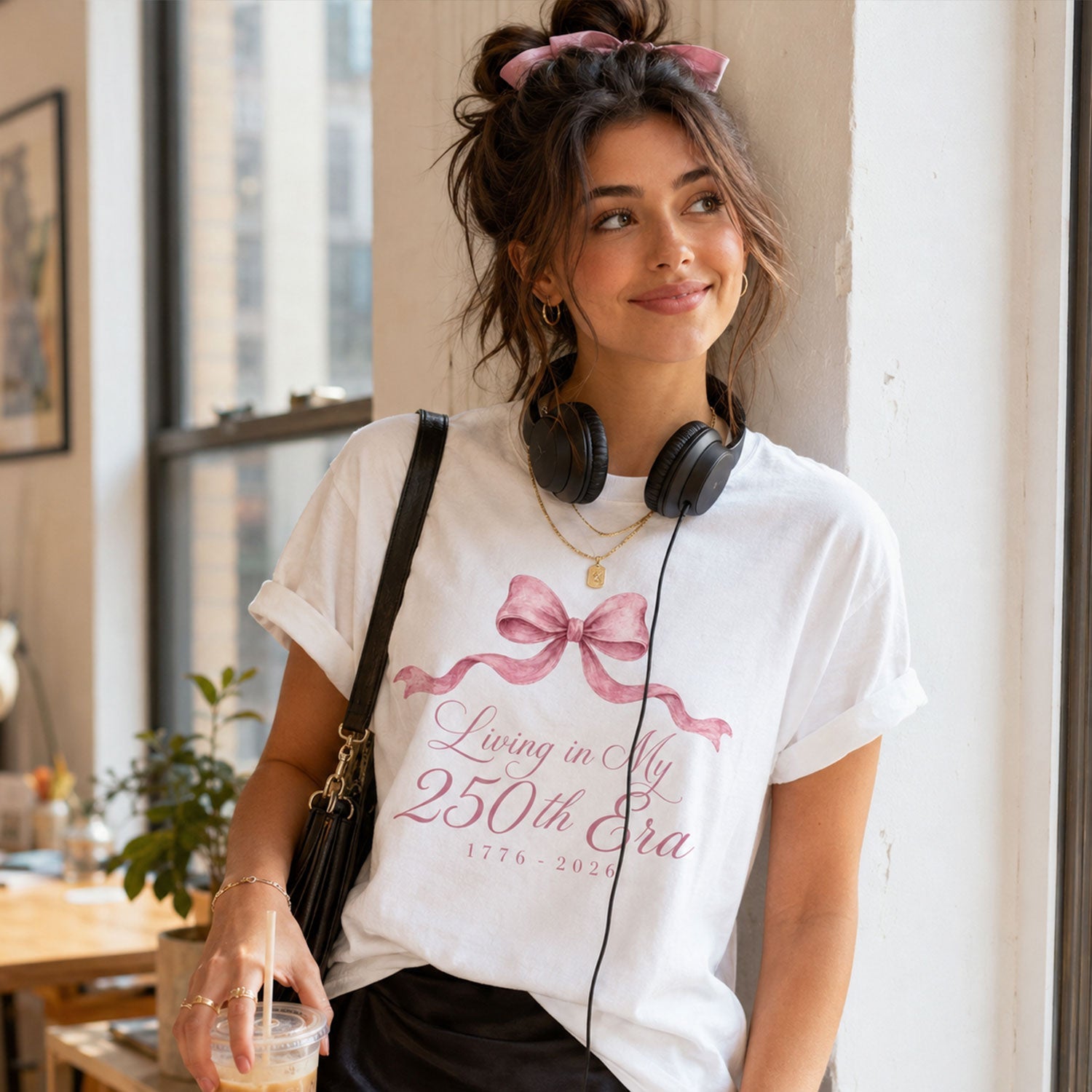 Living in my 250th ERA Pink Bow, America Semiquincentennial Comfort Colors Shirt