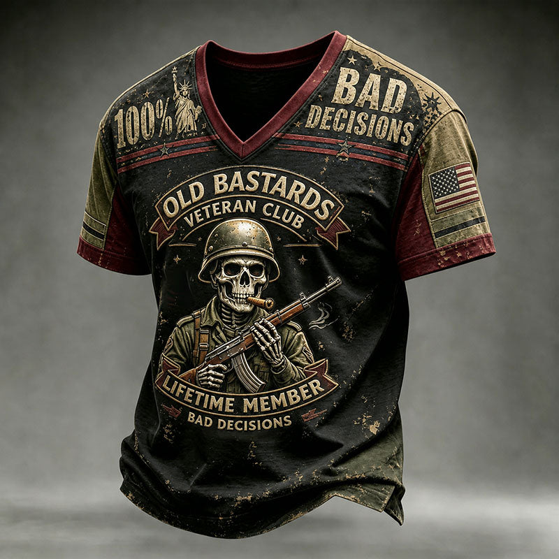 Vintage Skull Military Graphic V-Neck T-Shirt