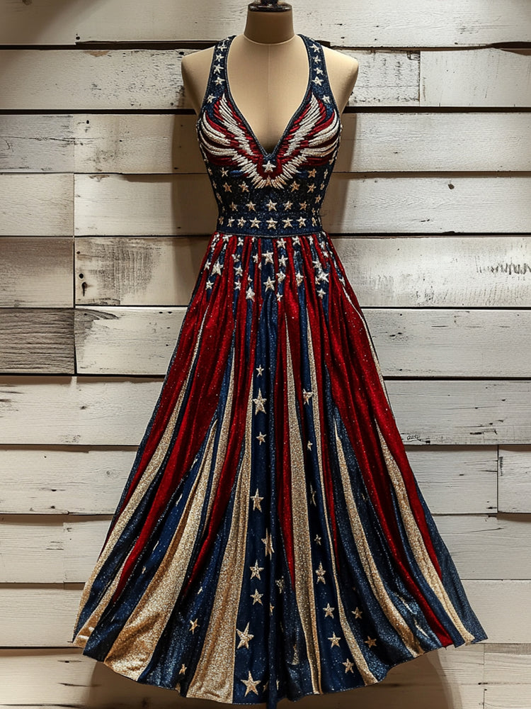 Women's Independence Day Inspired Glitter Art Maxi Dress