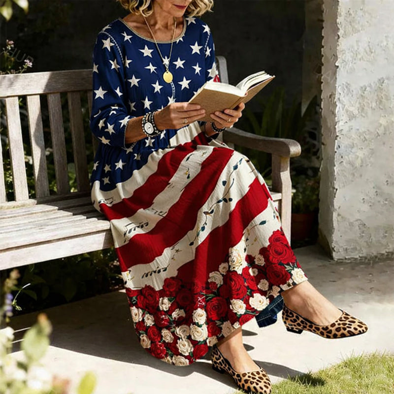 US 250th Anniversary Floral Art Print Casual Dress