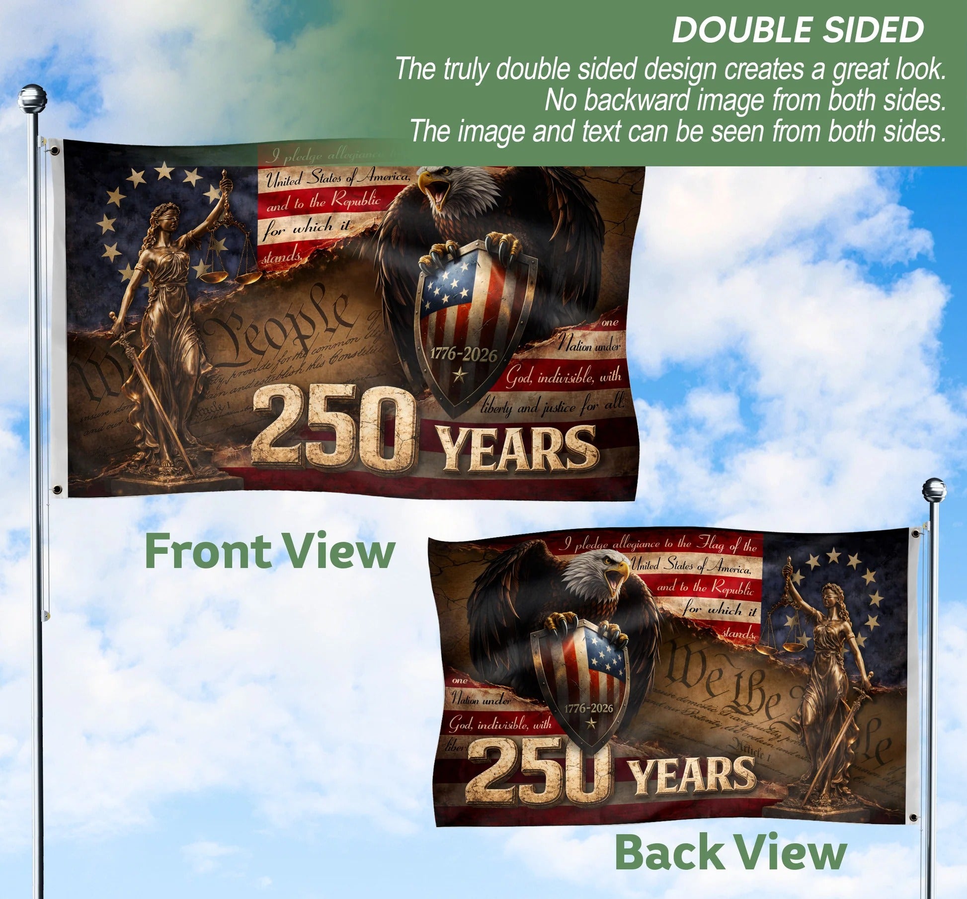Lady Justice House Flag 1776-2026 We The People 250 Years of Freedom