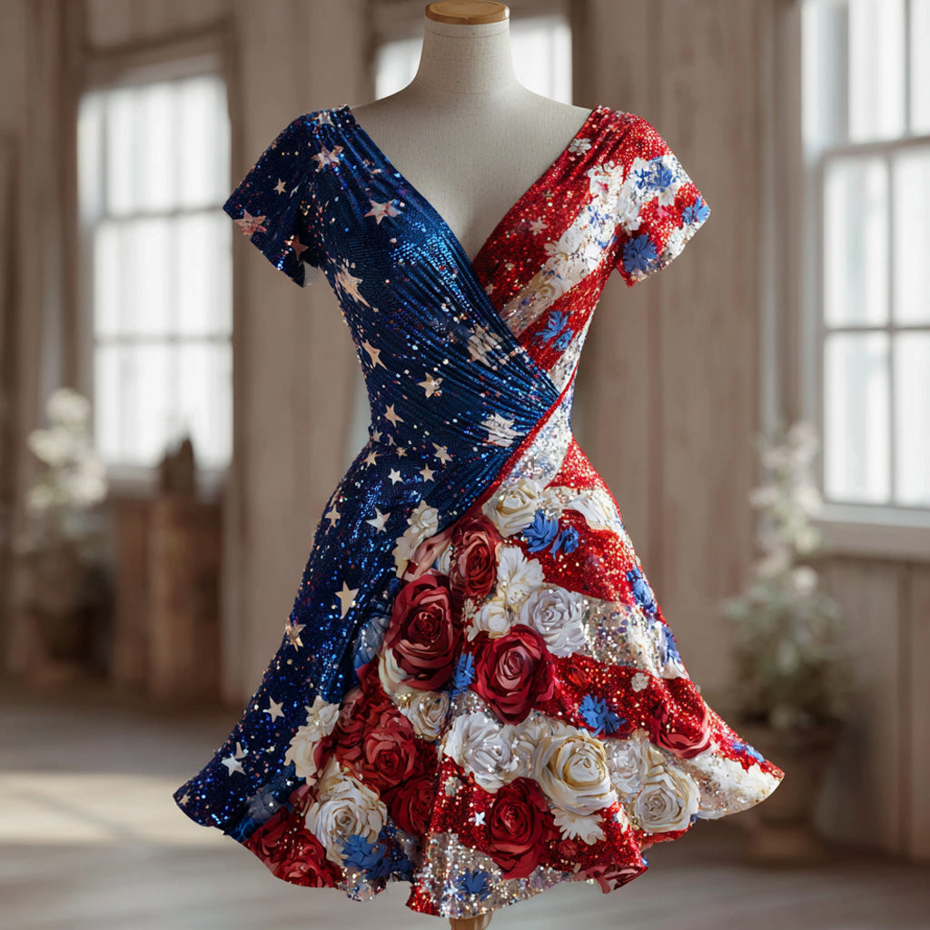 Women's Retro Floral US 250th Anniversary Print Casual Dress
