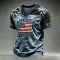 Vintage Camo Patchwork American Flag V-Neck T-Shirt