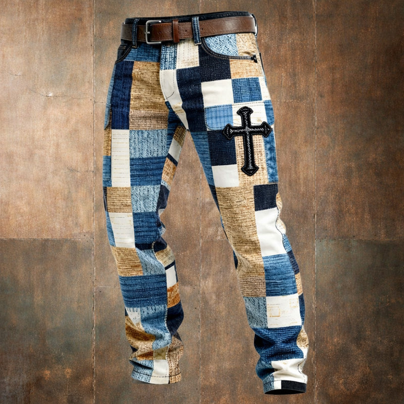 Retro Faith Print Casual Men's Jeans