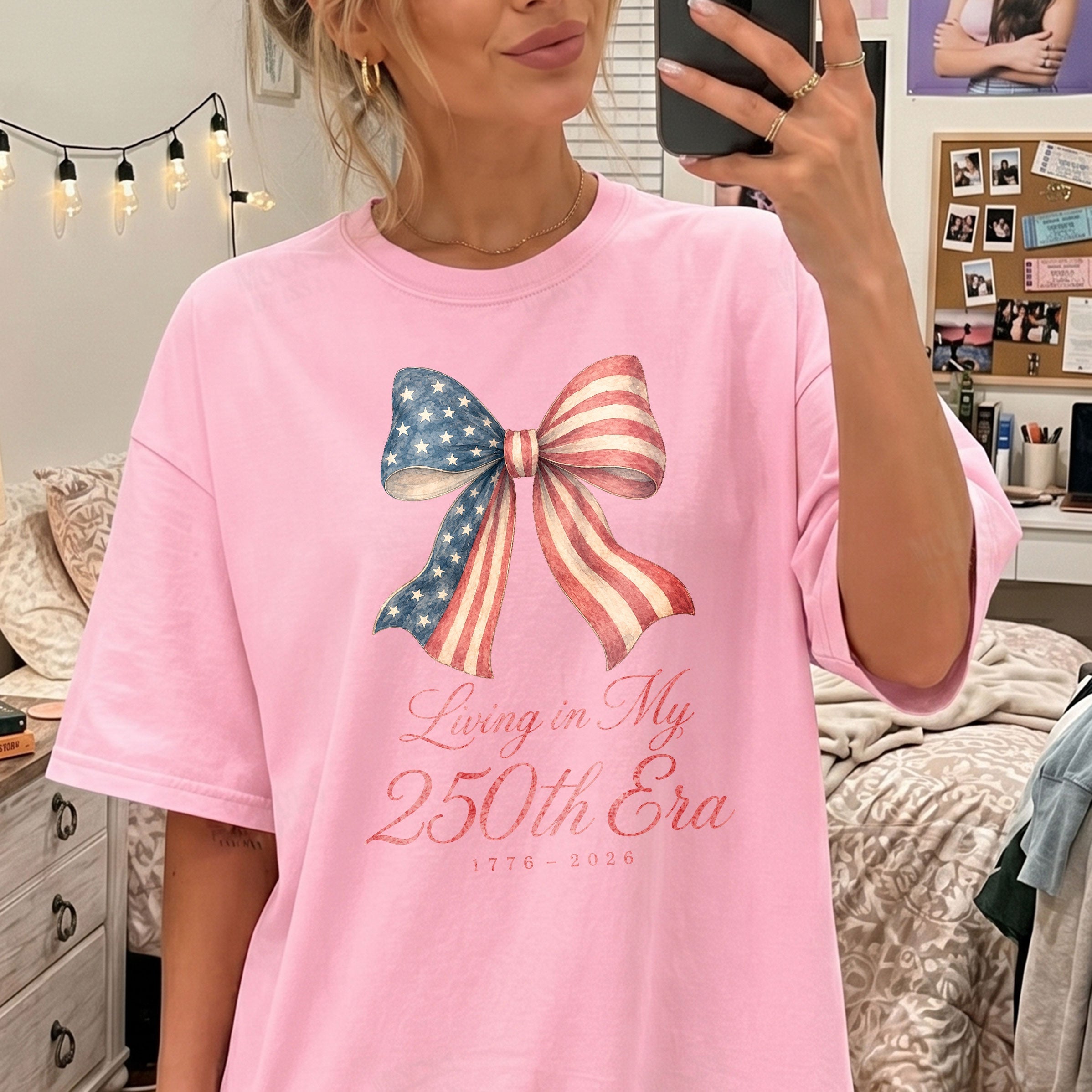 Living in my 250th ERA Coquette Bow, America Semiquincentennial Comfort Colors Shirt