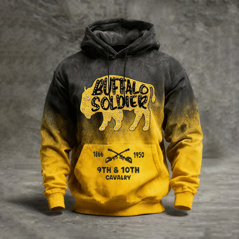 Men's Western Retro Buffalo Cavalry Print Crew Neck Hooded Sweatshirt