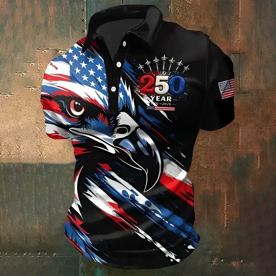 Men's America Flag Print Short-Sleeve Polo Shirt