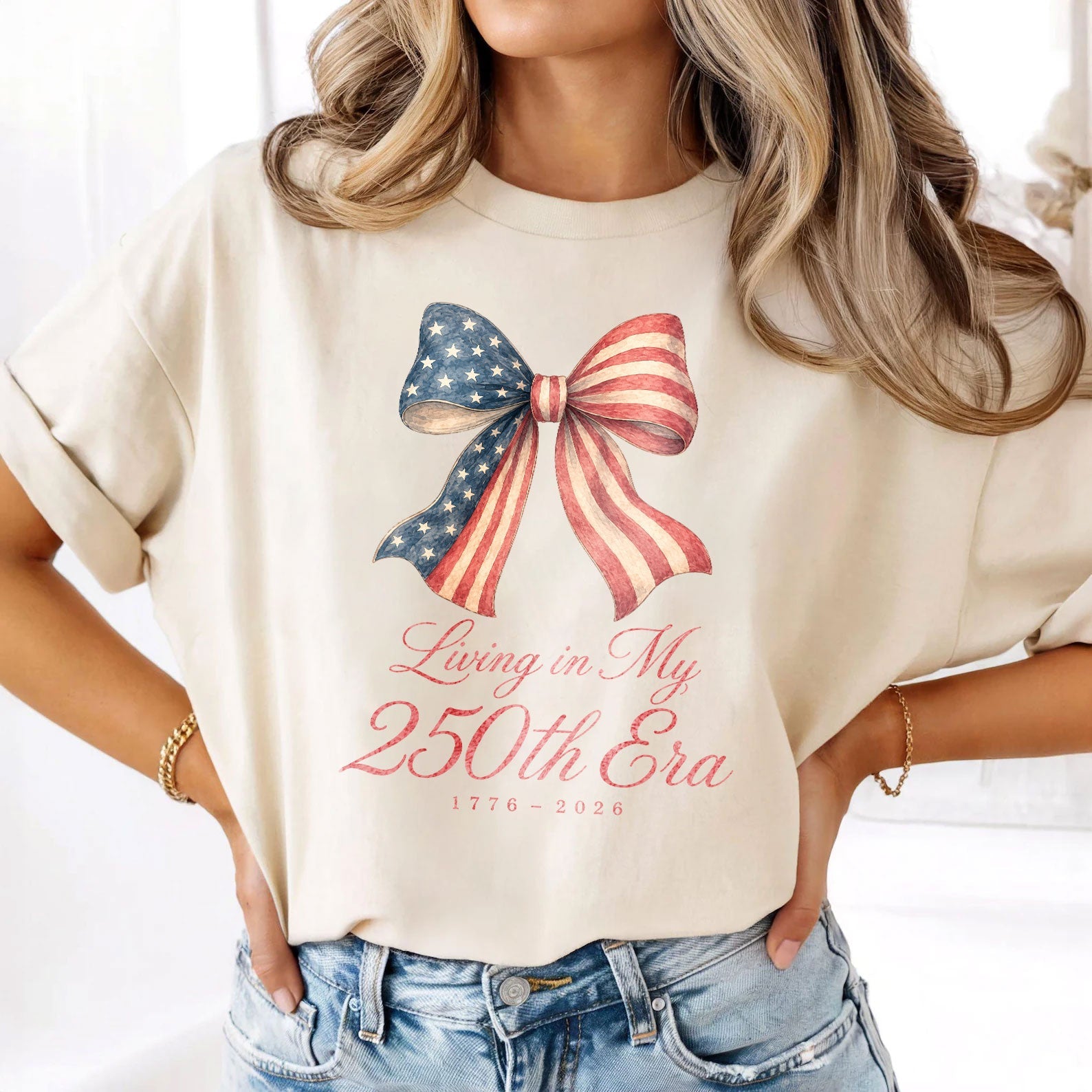 Living in my 250th ERA Coquette Bow, America Semiquincentennial Comfort Colors Shirt