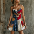 Women's Retro Independence Day Eagle Patchwork American Flag Art Casual Linen  Suspender Mini Dress