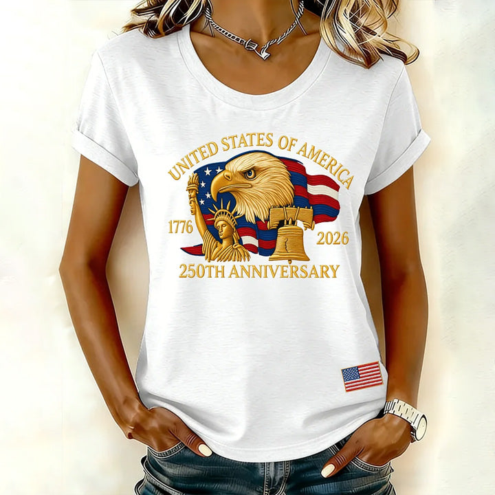 Women'S Casual Short-Sleeved T-Shirt With American 250th Anniversary Commemorative Print And Round Neckline.