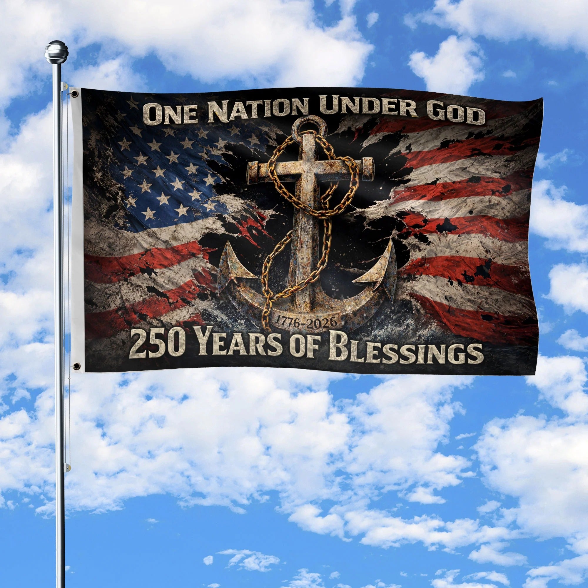 250 Years of Blessings Christian Flag 1776¨C2026 ¨C Anchor Cross & Chain