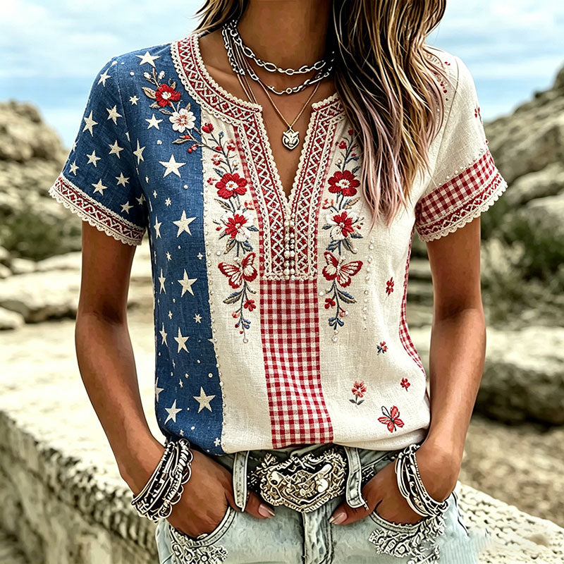 Women's American Flag Floral & Butterfly Short-Sleeve Top